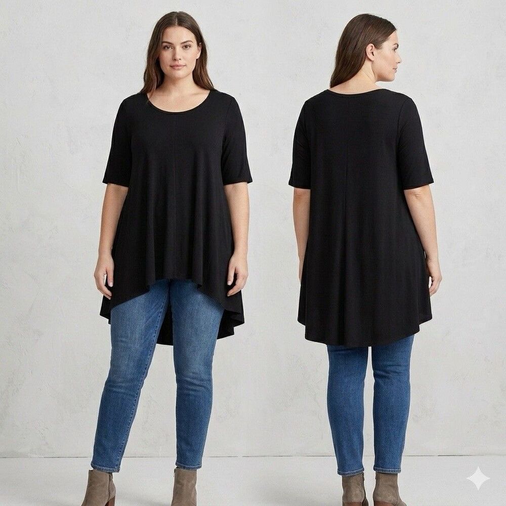 Eileen Fisher Tunic XL Black High Low Round Neck Stretch Viscose Lagenlook Top